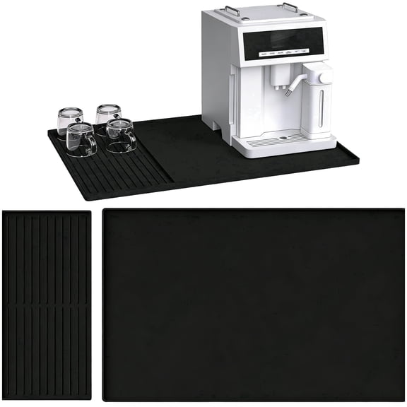 2 Pcs Silicone Coffee Machine Mat Set – Large 24" x 16" Bar Mat & Small Dish Drying Mat, Grooved, Non‑Slip Base, Countertop Protection, Black