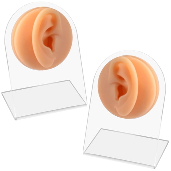 2 Pcs Silicone Ear Models, Realistic Skin Texture Practice Ears with Display Stand (Left & Right), Jewelry Photography Props with Holders for Piercing Training and Earring Display