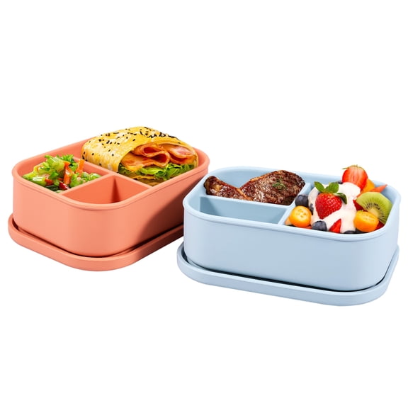 2 Pcs Silicone Food Box with 3 Compartment Reusable Food Container Microwave Safe Meal Prep Box for Work Office and On The Go
