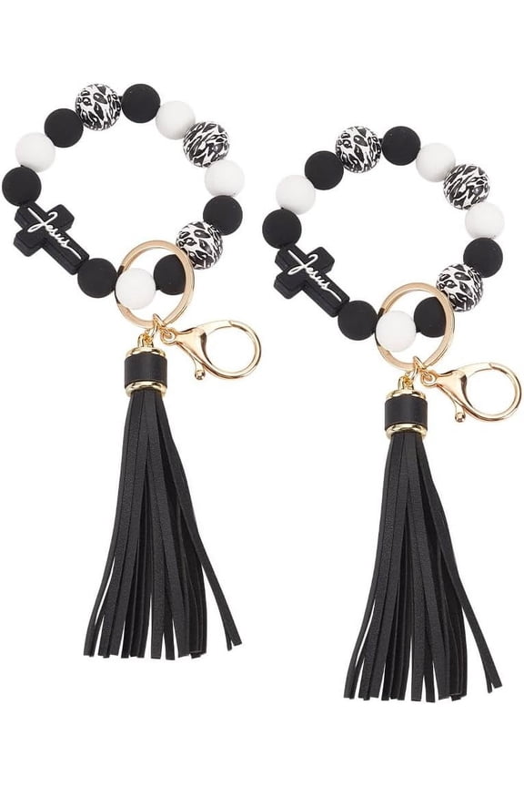 2 Pcs Silicone Key Bracelets Chunky Bead Link Key Ring Leather Tassel Key Bracelets Black and White Car Keychain Holder Key Lanyard with Alloy Lobster Clasps for one Decoration