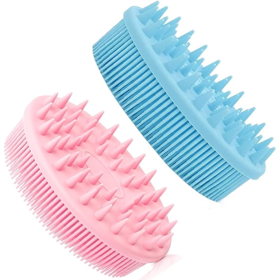 2 Pcs Silicone Shower Brush, Back Scrubber for Shower, Wet and Dry Double-sided Exfoliating Bath Body Scrubber Brush, 2 in 1 Loofah & Scalp Massage For Children, Adults, Old, (Pink, Blue)