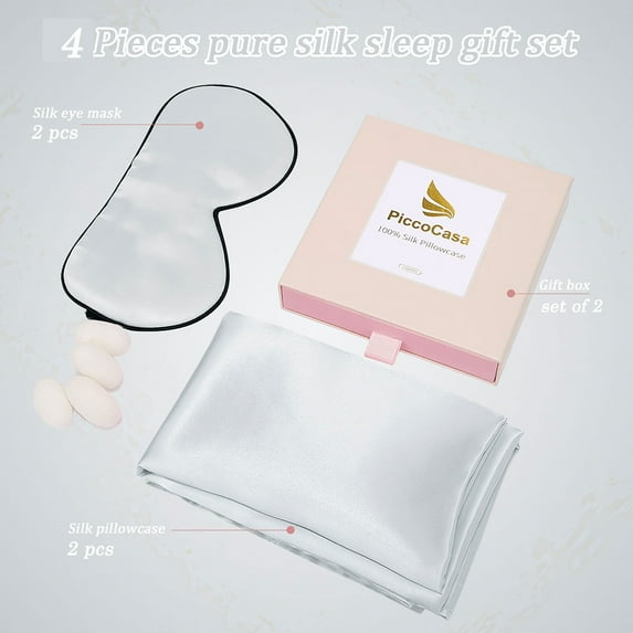 PiccoCasa 2 Pcs Silk Pillowcase Both Sides Silk + 2 Pcs Eye Mask for Hair and Skin with Envelope Closure Queen Grey