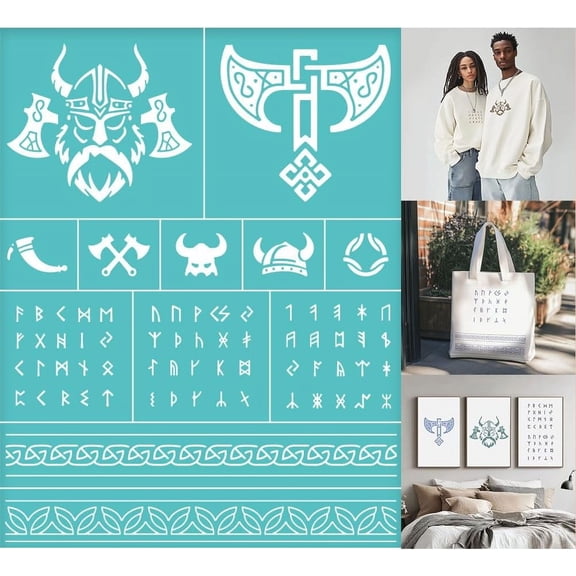 2 Pcs Silkscreen Stencil Reusable Self-Adhesive Silk Screen Printing Viking Words and Symbol Pattern Mesh Transfers Stencil DIY T-Shirt