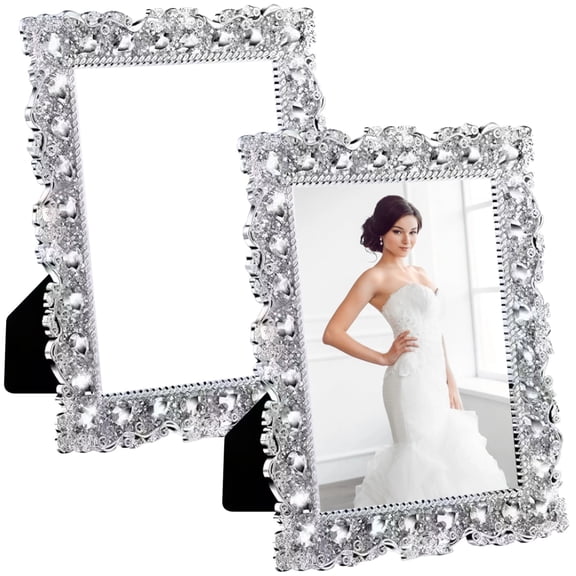 2 Pcs Silver 7" Diamond Wedding Photo Frames, Retro Floral Resin Picture Frame, 5"x7" Display for Weddings, Home Decoration, Versatile Horizontal and Vertical Use