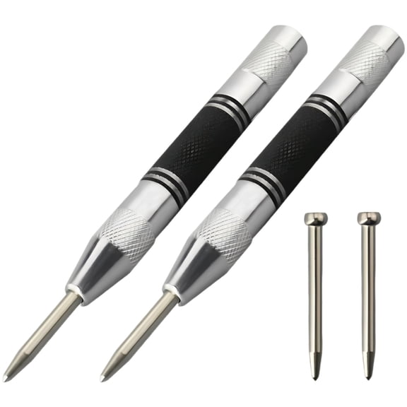2 Pcs Silver Automatic Center Punch Tool, Heavy-Duty Spring Loaded Center Punch with Adjustable Tension, Steel Body & Point, Window Breaker for Metal, Wood, Plastic, Glass Marking & Drilling