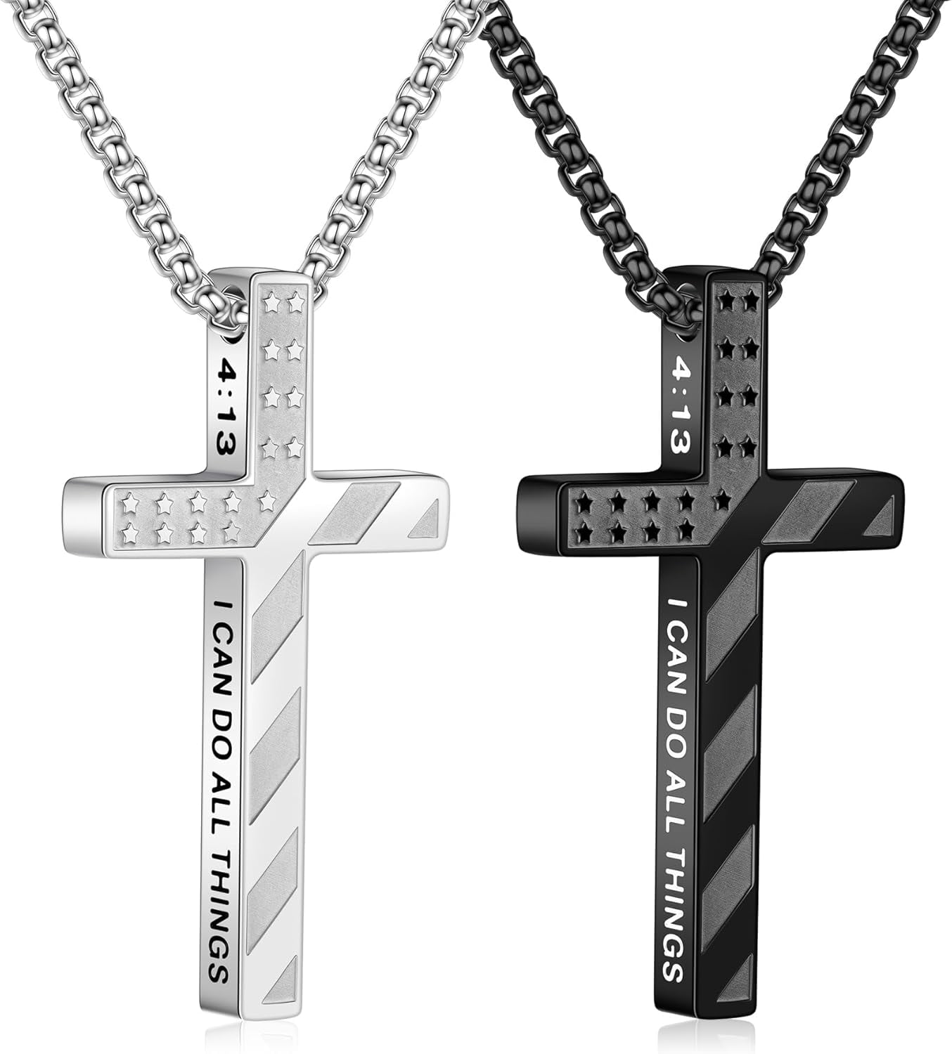 2 Pcs Silver Black Cross Necklace for Men - Stainless Steel Bible Verse ...
