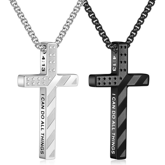 2 Pcs Silver Black Cross Necklace for Men - Stainless Steel Bible Verse Cross Chain Pendant Necklaces for Men American Flag Religious Christian First Communion Jewelry Gifts 18-24 Inches