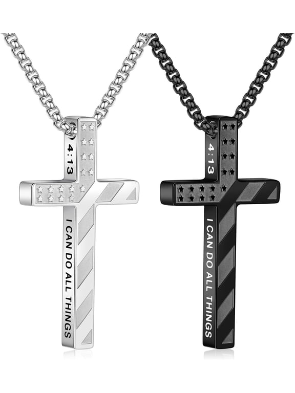 2 Pcs Silver Black Cross Necklace for Men - Stainless Steel Bible Verse Cross Chain Pendant Necklaces for Men American Flag Religious Christian First Communion Jewelry Gifts 18-24 Inches