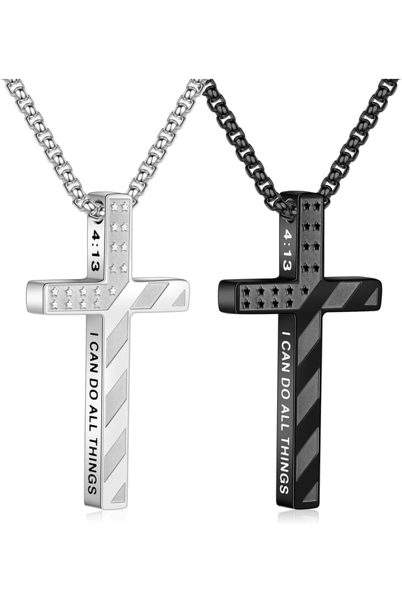 2 Pcs Silver Black Cross Necklace for Men - Stainless Steel Bible Verse Cross Chain Pendant Necklaces for Men American Flag Religious Christian First Communion Jewelry Gifts 18-24 Inches