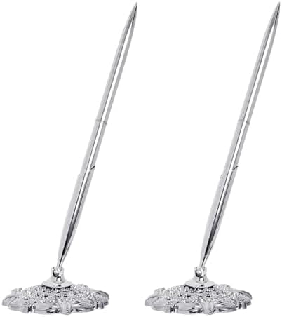 2 Pcs Silver Hollow Round Pen Holder Set Signing Desk Ballpoint Pens for Guest Book Wedding Birthday Party Graduation Teacher Office Business
