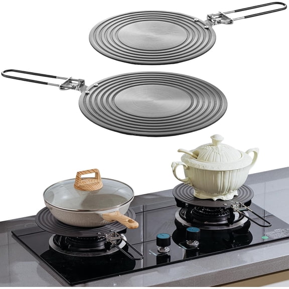 2 Pcs Simmer Plate for Gas Stove 11 Inches and 9.5 Inches Fast Defrosting Tray Round Stove Diffuser Heat Conduction Plate with Anti Scalding Handle for Electric Pot Cookware Protection