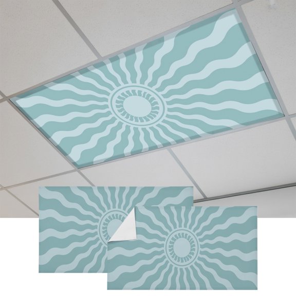 2 Pcs Sky Blue Radiant Sun Fluorescent Light Covers Abstract Wavy Sunbeams Rings Boho Eclectic Magnetic Light Covers for Ceiling Lights 4 x 2 ft Drop Ceiling Lights Cover Shade for Office, Home,