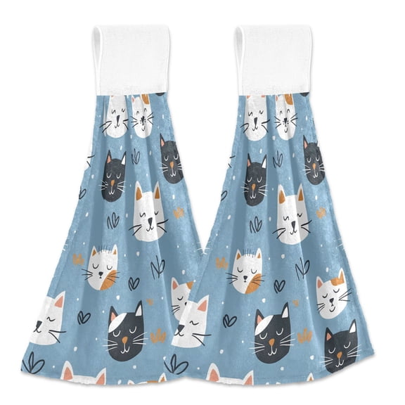 2 Pcs Sleeping Cat Faces Kitchen Hand Towels with Hanging Loops Absorbent Soft Fast Drying Decor Bath Towels