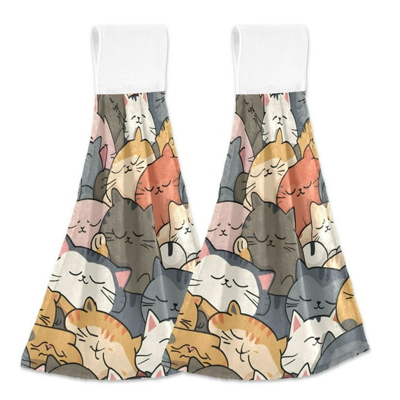 2 Pcs Sleeping Cats Face Kitchen Hand Towels with Hanging Loops Absorbent Soft Fast Drying Decor Bath Towels