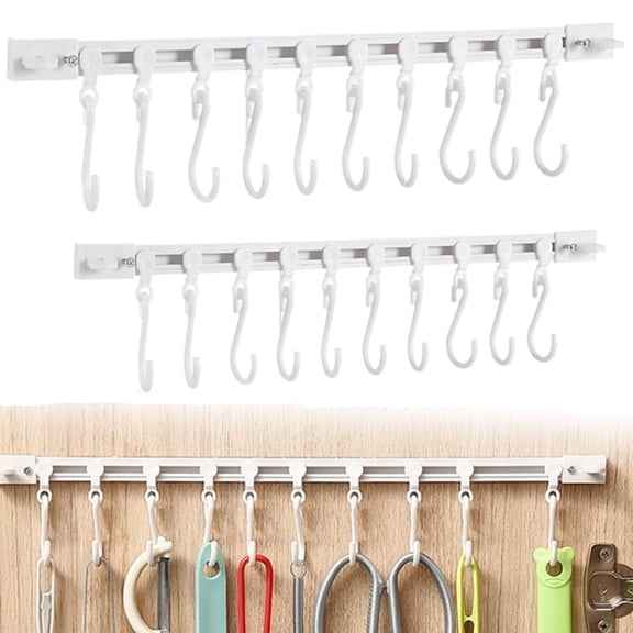 2 Pcs Slide Rail Hook No Drill Wall Mounted Hanger Rack with Removable S-Hooks Adhesive Wall-Mounted Rack Space-Saving Organizer Rack,11.8 inch+15.75 inch