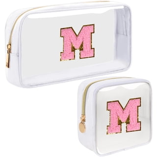 2 Pcs Small Clear Personalized Initial Makeup Bag, Letter Patch Cosmetic Pouch Beach Toiletry Bag,Waterproof Zipper Travel Purse Storage Bag Organizer for Women Girls