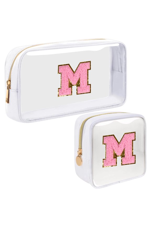 2 Pcs Small Clear Personalized Initial Makeup Bag, Letter Patch Cosmetic Pouch Beach Toiletry Bag,Waterproof Zipper Travel Purse Storage Bag Organizer for Women Girls