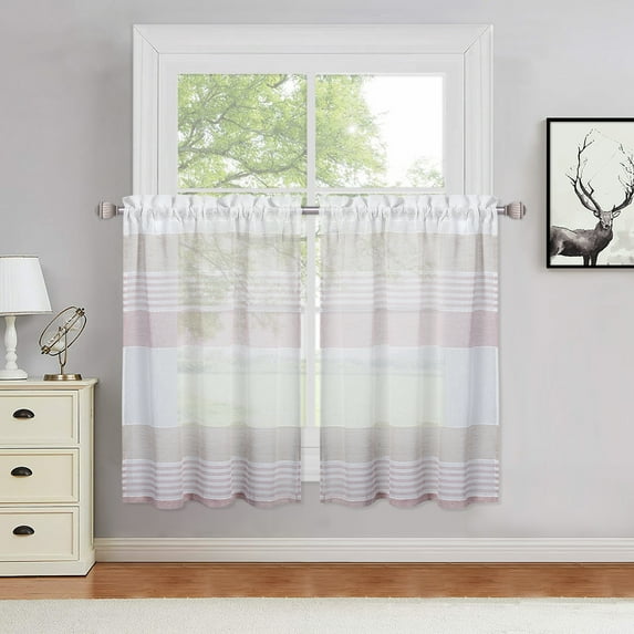 2 Pcs Small Curtains, Faux Linen Textured Grommet Striped Voile Tier Curtain
