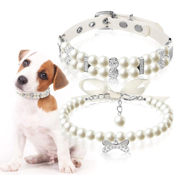 2 Pcs Small Dog Cat Pearl Collars and Pearl Necklace Set Cute Pet PU Leather Collars Necklace with Crystal Rhinestone for Dogs Cats Puppy Kitten Party Wedding Birthday