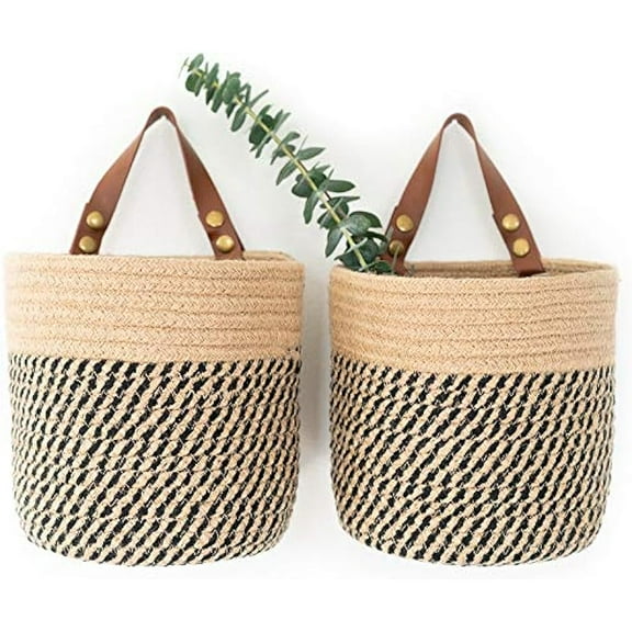 2 Pcs of Small Hanging Jute Basket for Wall, Cotton Rope Wall Storage Basket, Long-Lasting Leather Handles, Great for Plants, Home Decor, Organizing Cosmetics