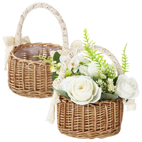 2 Pcs Small Wicker Baskets with Handle, Rattan Flower Girl Basket Set, Multi-Purpose Decorative Storage Organizer, Handmade for Weddings, Parties, Home Decor
