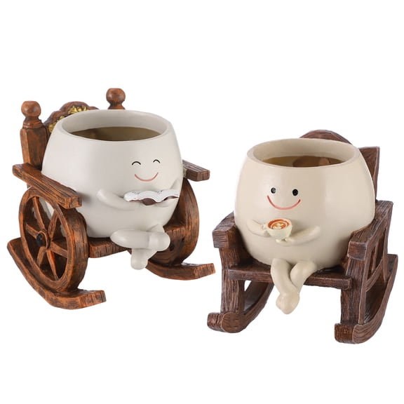 2 Pcs Smiley Face Planter Pot, Vintage Rocking Chair Planter with Drainage Hole, Cute Resin Plant Pots for Succulents, Indoor Outdoor Home Office Decor