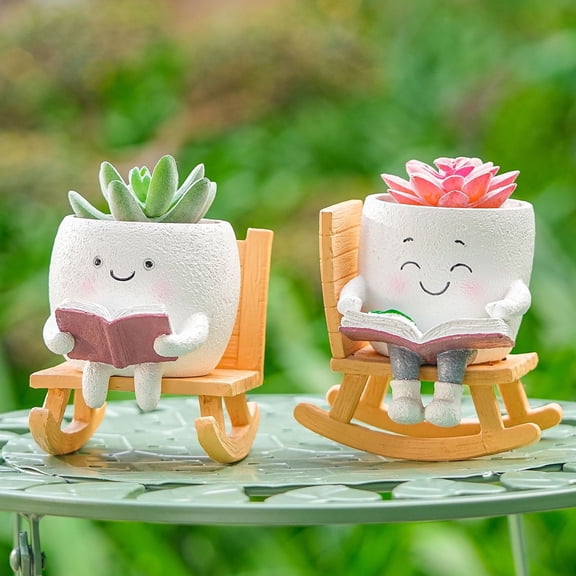 2 Pcs Smily Face Reading Book Planter Pot, Cute Resin Succulent Cactus Pots for Indoor Outdoor