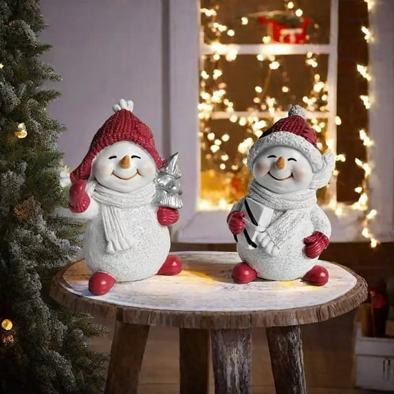 2 Pcs Snowman Ornaments Set Cute Christmas Snowman Figurines Resin Christmas Decorations for Home Room Farmhouse Mantel Display Or Table Centerpiece