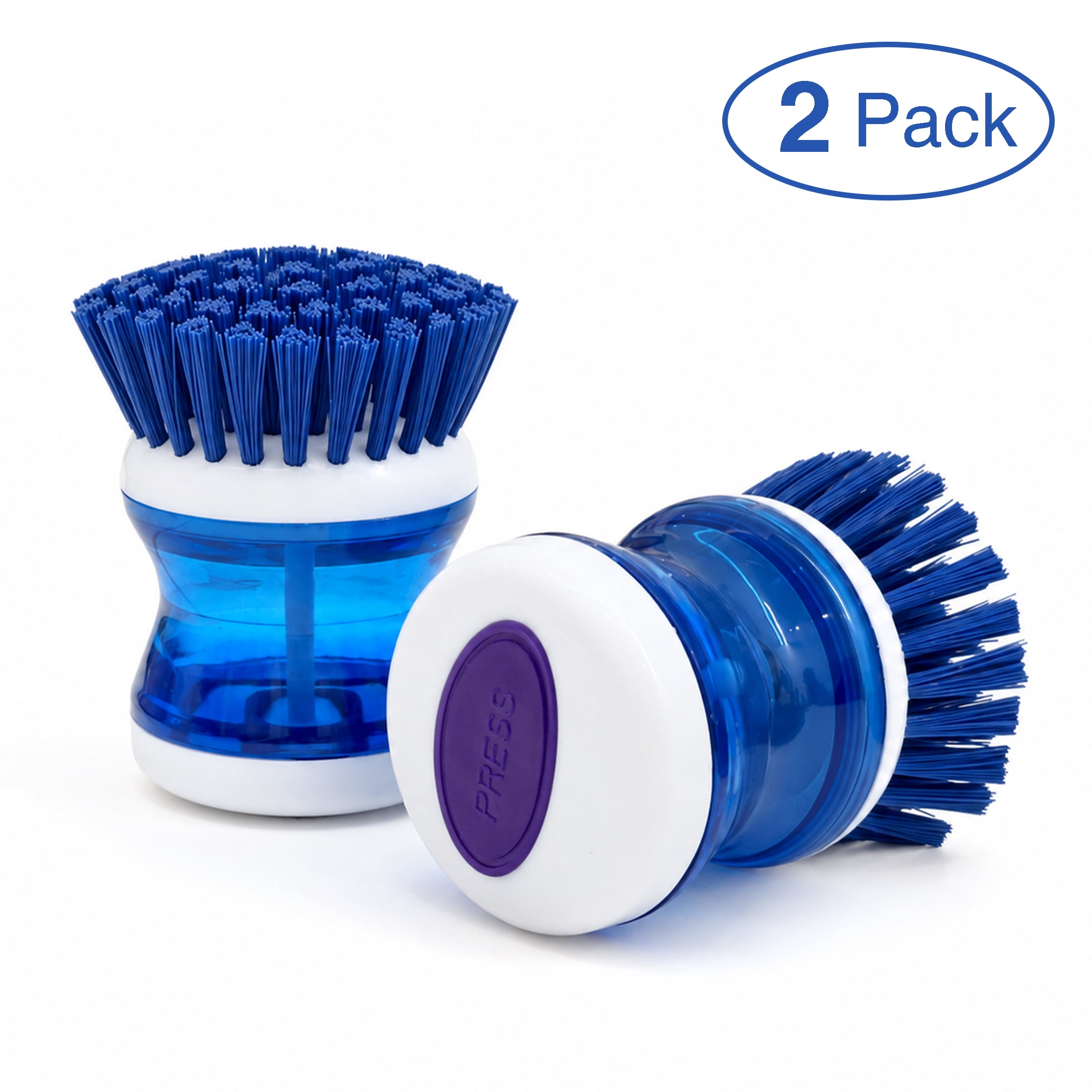 GARITIN 2 Pcs Soap Dispensing Dish Brush, Press‑Type Handheld Kitchen Scrub Brush with Stiff Bristles for Pot Pan Sink Dishwashing Cleaning
