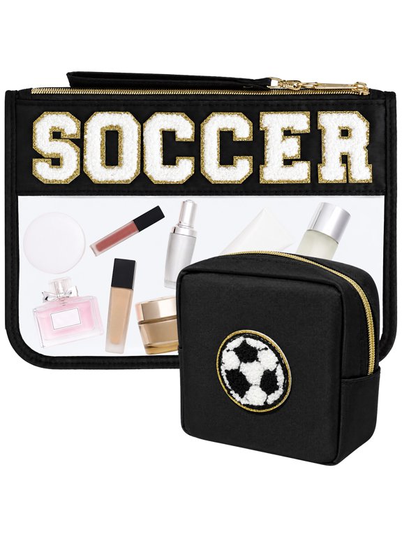 2 Pcs Soccer Presents, Soccer Makeup Bags with Chenille Letter Patch, Clear Travel Toiletry Pouch and Black Cosmetic Bag, Portable Zippered Organizer Pouches for Women