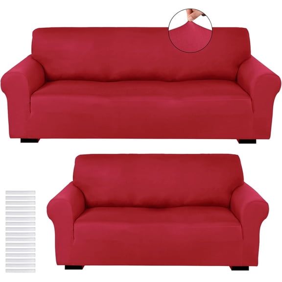 2 Pcs Sofa Covers Couch and Loveseat Covers Set Stretch Sofa Slipcover for Living Room Armchair Furniture Protector, Wrinkle Proof(Christmas Red,Milk Silk)