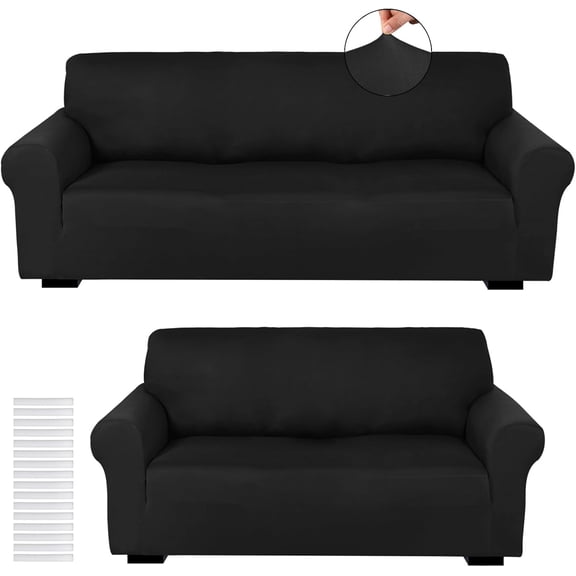 2 Pcs Sofa Covers Couch and Loveseat Covers Set Stretch Sofa Slipcover for Living Room Armchair Furniture Protector, Wrinkle Proof(Black,Milk Silk)