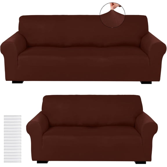 2 Pcs Sofa Covers Couch and Loveseat Covers Set Stretch Sofa Slipcover for Living Room Armchair Furniture Protector, Wrinkle Proof(Brown,Milk Silk)