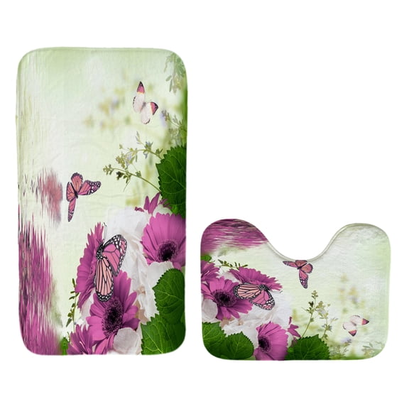 2 Pcs Soft Bathroom Rugs Toilet Mats Purple Flower and Butterfly Pattern Mat Memory Foam Rug Absorbent Non-Slip Backing