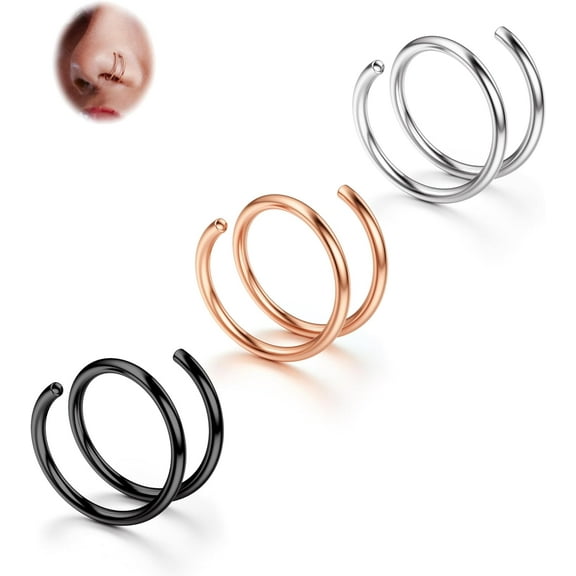 2  Pcs Softened 316L Stainless Steel Double Hoop Nose Ring for Single Piercing 22G 20G 18G Bendable Twist Spiral Nose Rings Hoops for Women 8mm 10 mm