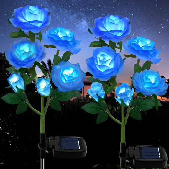 2Pack LED Solar Lights Outdoor Waterproof with 5 Roses, Soft Light, Charging in The Daytime and Light Up at Night for Patio Pathway Courtyard Garden Lawn (Blue)