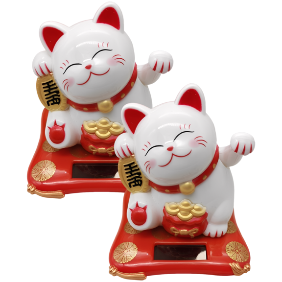 2 Pcs Solar Powered Lucky Cat, Mini Waving Cat Figurine with Golden Money Bag, 3 in Feng Shui Waving Cat for Car Decoration, Prosperity and Auspiciousness