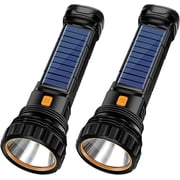 2 Pcs Solar Rechargeable Multi Function 1000 Lumens LED Flashlight, with Emergency Strobe Light and 1200 Mah Battery, Emergency Power Supply and USB Charging Cable, Fast Charging