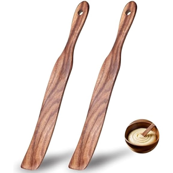 2 Pcs Solid Wood Spurtles, Thin Acacia Wood Stirrer for Sourdough Starter Jar Bottom, Long Handle Non-Scratch Heat Resistant Baking Utensils, Gift for Bakers