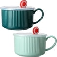 thumbnail image 1 of 2 Pcs Soup Bowls with Lids and Handles 30 oz Microwave Safe Ceramic Soup Mug Microwavable Ramen Containers with Lids Large Colorful Cups for Noodle Cereal kitchen(Blue, Dark Green), 1 of 6