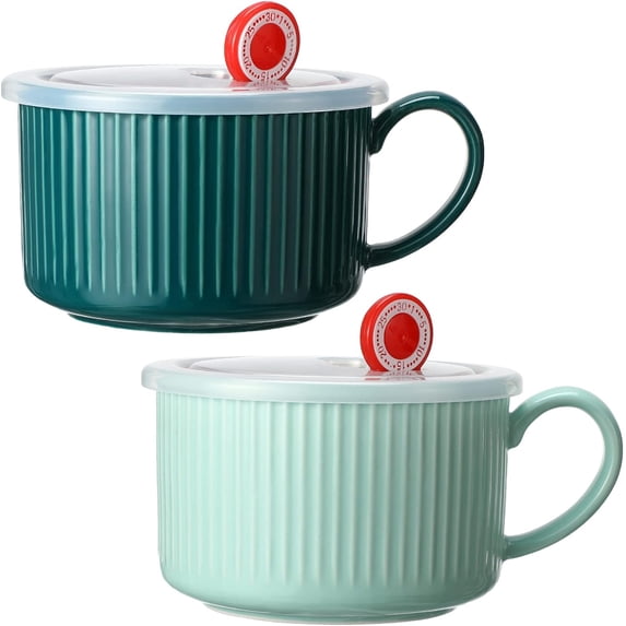 2 Pcs Soup Bowls with Lids and Handles 30 oz Microwave Safe Ceramic Soup Mug Microwavable Ramen Containers with Lids Large Colorful Cups for Noodle Cereal kitchen(Blue, Dark Green)