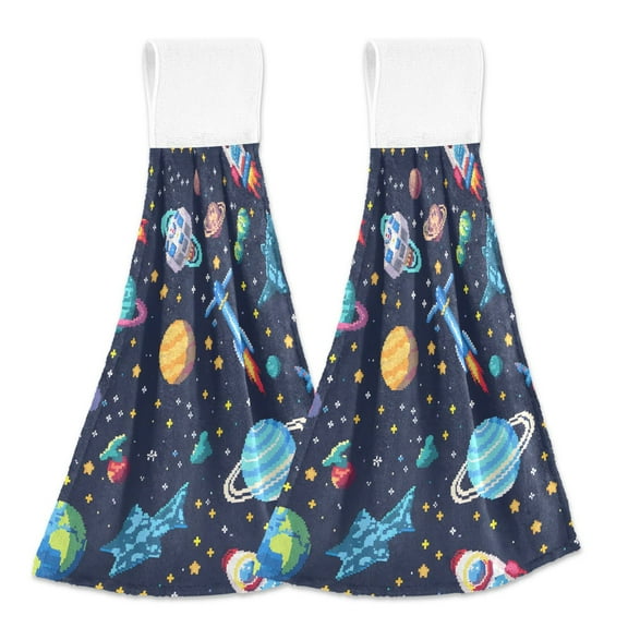 2 Pcs Space Stars Planet Rocket Kitchen Hand Towels with Hanging Loops Absorbent Soft Fast Drying Decor Bath Towels