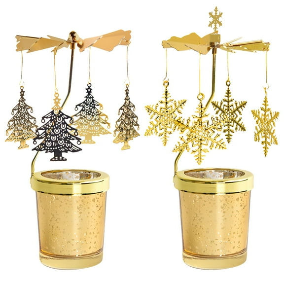 2 Pcs Spinning Tea Light Candle Holders, Christmas Candle Carousel Spinner, Gold Snowflake and Tree Design, Romantic Aroma Light, No Candle Included