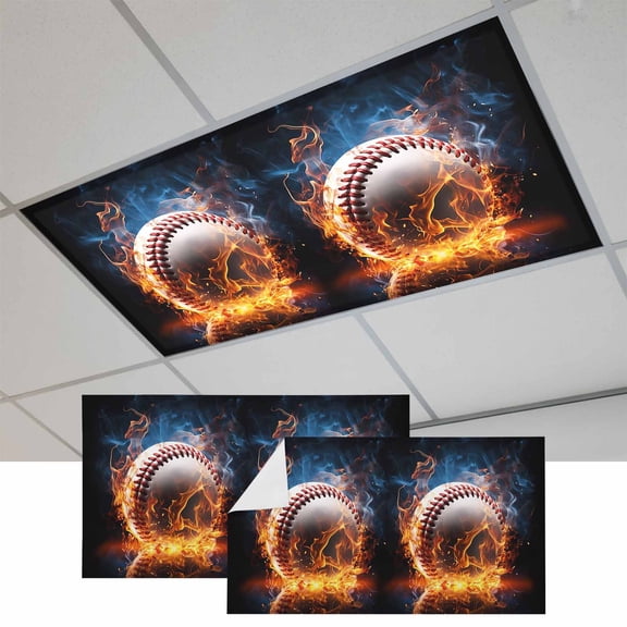2 Pcs Sports Theme Fluorescent Light Covers Baseball on Fire Magnetic Light Covers for Ceiling Lights 4 x 2 ft Drop Ceiling Lights Cover Shade for Office, Home, Hospital