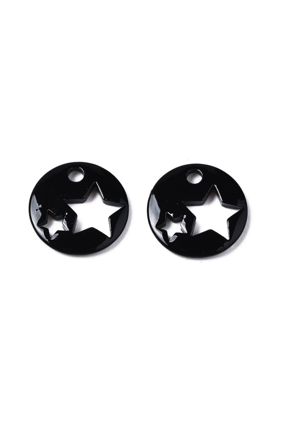 2 Pcs Spray Painted Brass Charms Flat Round with Star Pendant Jewel Black Charms for Women DIY Necklace Bracelet Earring