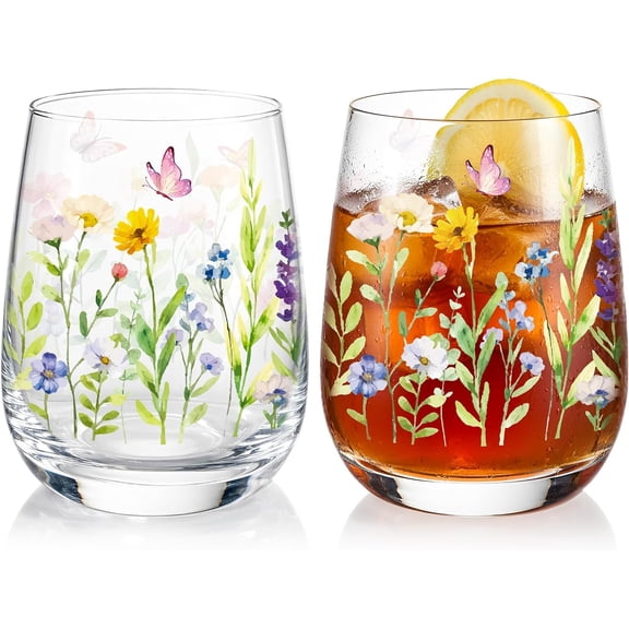 2 Pcs Spring Stemless Wine Glasses 17oz Floral Butterfly Drinking Glasses for Graduation Wedding Mother's Day Birthday Drinking Party Favors Gifts