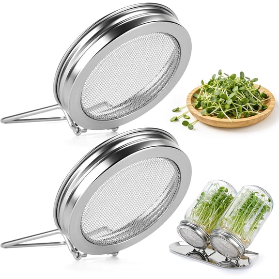 2 Pcs Sprouting Lids for Wide Mouth Mason Jars, Stainless Steel Reusable One-Piece Sprouting Jar Lids Kit with Built-In Stand, Seed Germination Sprouts Growing Kit for Organic Alfalfa & Mung Bean