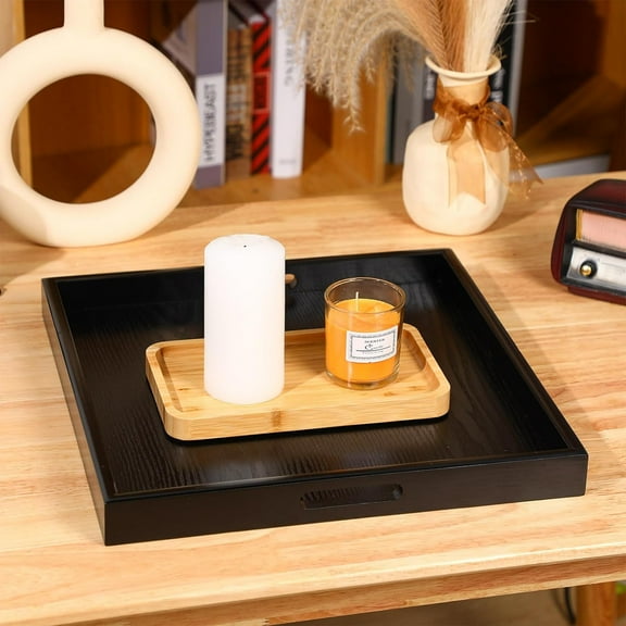 2 Pcs Square Large Ottoman Tray 16 x 16 Inch Extra Large Wood Serving Tray with Handle Black Decorative Wooden Tray for Home Table Coffee Living Room Kitchen Counter