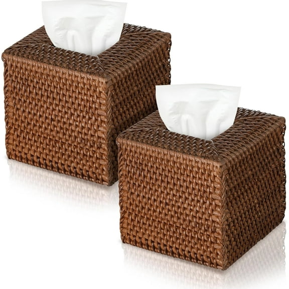 2 Pcs Square Rattan Tissue Box Cover Boho Wicker Tissue Cube Box Cover 5.5'' x 5.5'' x 5.5'' Decorative Natural Wicker Hand Woven Napkin Box Holder Bathroom Office Car Accessories (Brown)