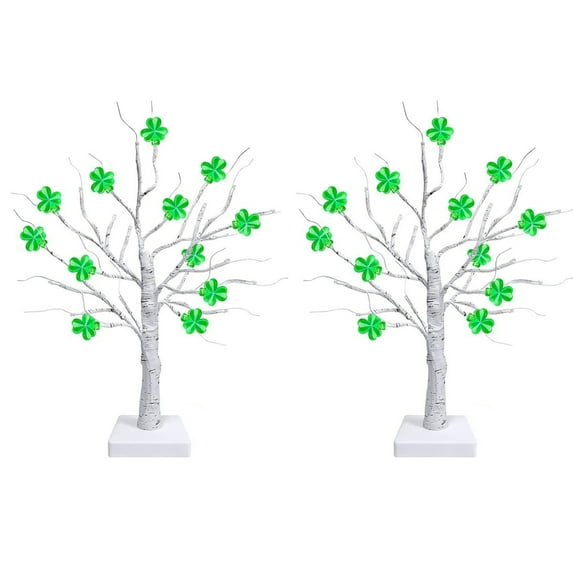 2 Pcs St. Patrick's Day Shamrock Lights Lighted Tree Artificial Tree Decor with LED Light Battery Powered Light up for Home Table Shelf Festival Party Decor